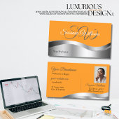 Carte De Visite Initiales et photo de déco argentée orange classiq