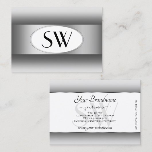 Carte De Visite Initiales gris et blanc Ombre Argent Oval Frame (Devant / Derrière)
