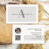 Carte De Visite Initiales modernes Nom Gris Rond Photo Code QR
