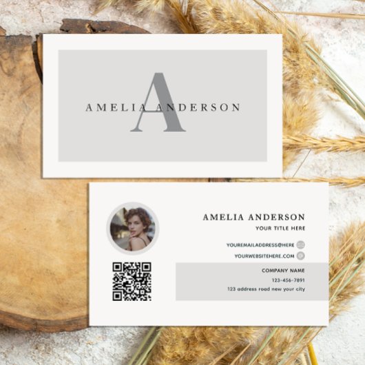 Carte De Visite Initiales modernes Nom Gris Rond Photo Code QR