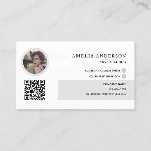 Carte De Visite Initiales modernes Nom Gris Rond Photo Code QR (Dos)