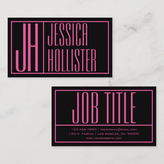 Carte De Visite Initiales modernes & Nom Logo Rose/Noir (Devant / Derrière)