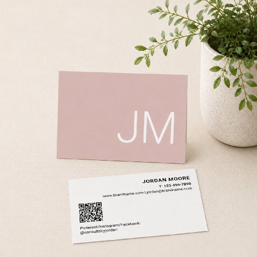 Carte De Visite Initiales Monogramme Chic QR Rose Professionnel