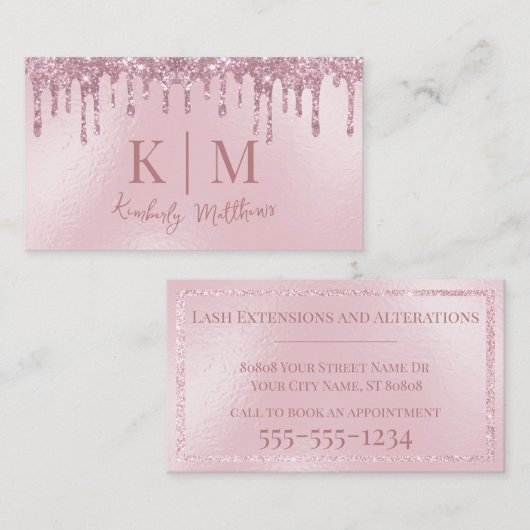 Carte De Visite Initiales Monogramme Pailletées Rose Foncé Élégant (Devant / Derrière)