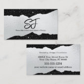 Carte De Visite Initiales Monogrammes sur noir et argent luxueux (Devant / Derrière)