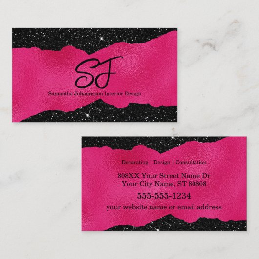 Carte De Visite Initiales Monogrammes sur noir et rose chaud luxue (Devant / Derrière)