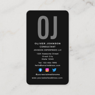 Carte De Visite Initiales Monogrammes verticales Nom Black White G