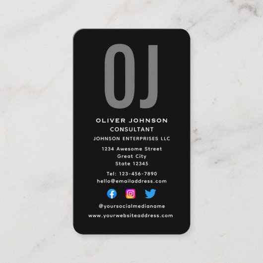 Carte De Visite Initiales Monogrammes verticales Nom Black White G (Devant)