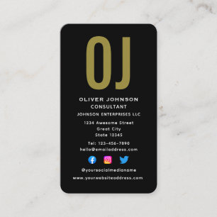 Carte De Visite Initiales Monogrammes verticales Nom Black White G