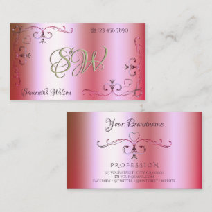 Carte De Visite Initiales Ornées avec Dégradé de Couleurs Rose Ver