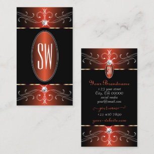 Carte De Visite Initiales ornementales noir et orange élégant
