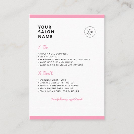 Carte De Visite Injections de lèvres - Instructions pour les soins (Dos)