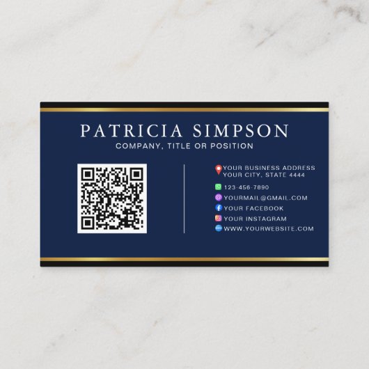 Carte De Visite Ink Blue & Gold Edge Modern QR Code Template (Dos)