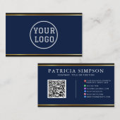 Carte De Visite Ink Blue & Gold Edge Modern QR Code Template (Devant / Derrière)