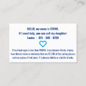 Carte De Visite insigne d'urgence pour diabète (Dos)