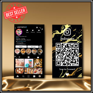 Carte De Visite Instagram LUXURY Noir & Or Marbre Agate QR Code