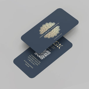 Carte De Visite Instructeur de Yoga moderne bleu or Mandala Monogr