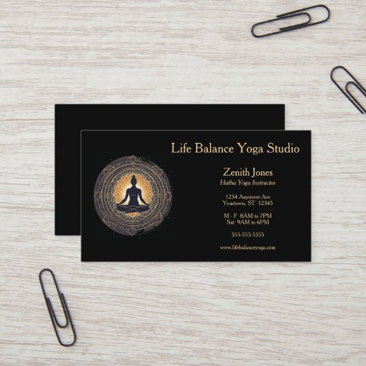 Carte De Visite Instructeur de Yoga Studio Gold et Black (Devant/Arrière en situation)