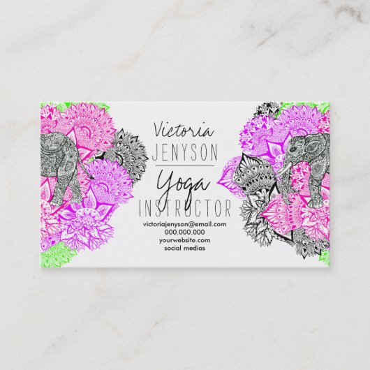 Carte De Visite Instructeur floral de yoga de mandala d'éléphant (Devant)