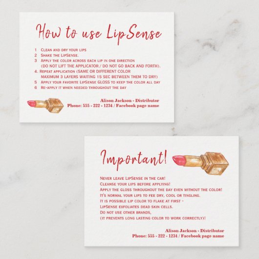 Carte De Visite Instructions de l'application du distributeur de c (Devant / Derrière)