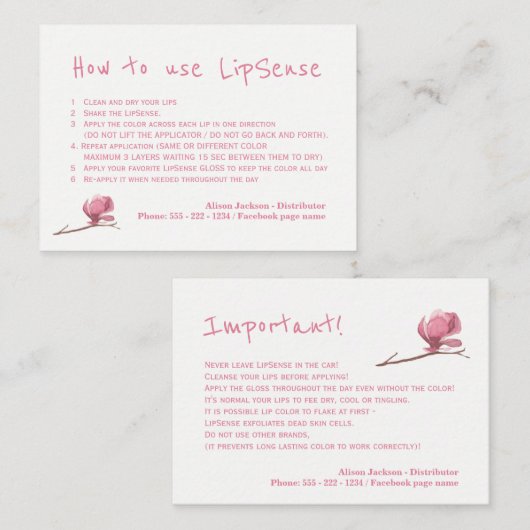 Carte De Visite Instructions de l'application du distributeur de c (Devant / Derrière)