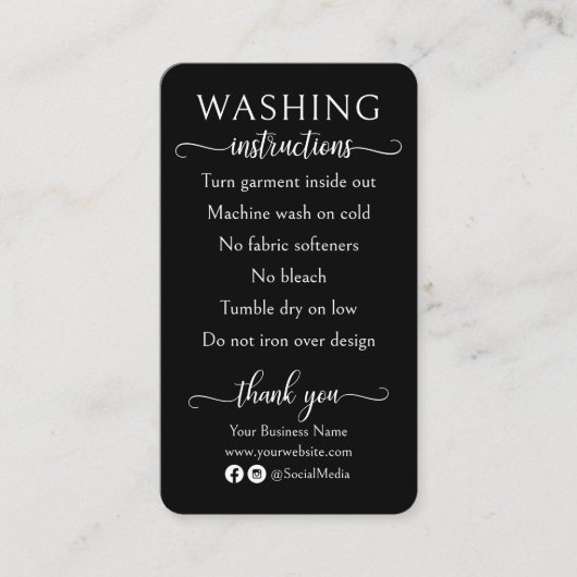Carte De Visite Instructions de lavage noir et blanc Soin de chemi (Devant)
