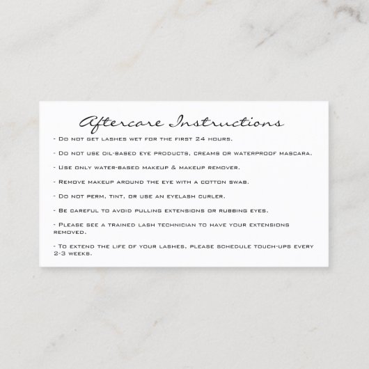 Carte De Visite Instructions de soins postérieurs Lash Champaigne  (Dos)