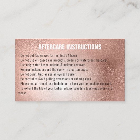Carte De Visite Instructions de soins postérieurs Lashes Rose Gold (Dos)