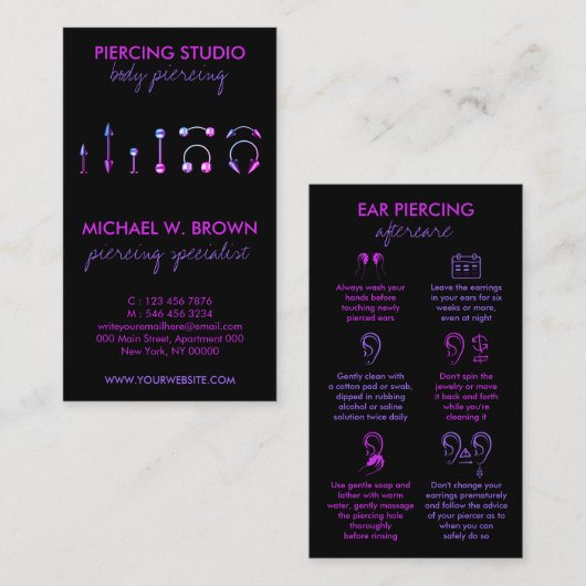 Carte De Visite Instructions pour le perçage de l'oreille Bijoux c (Devant / Derrière)