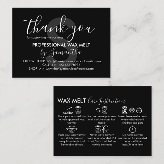 Carte De Visite Instructions pour le soin de la cire noire Merci (Devant / Derrière)