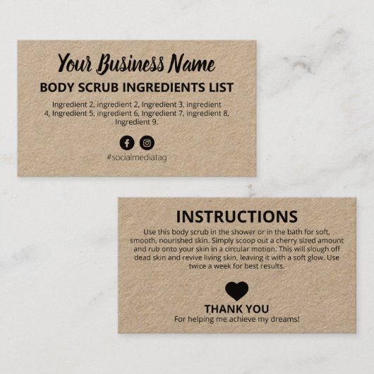 Carte De Visite Instructions pour les ingrédients Kraft rustiques (Devant / Derrière)