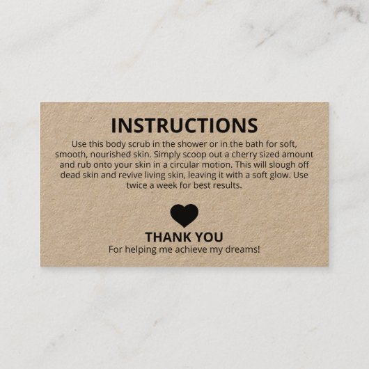Carte De Visite Instructions pour les ingrédients Kraft rustiques (Dos)