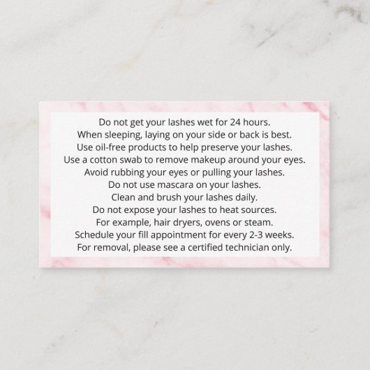 Carte De Visite Instructions pour les soins postcure Eyelash Exten (Dos)