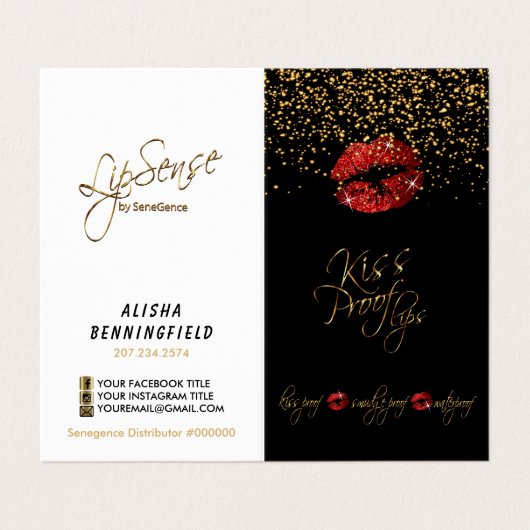 Carte De Visite Instructions Red Lips & Gold Confetti (Extérieur déplié)