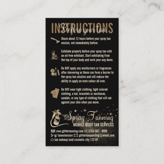 Carte De Visite Instructions Spray Tan avant le guide de soins (Devant)