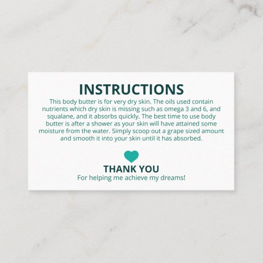 Carte De Visite Instructions sur les ingrédients de remplissage Tu (Dos)