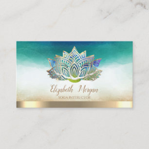 Carte De Visite Instructrice de yoga élégante bleu or lotus 