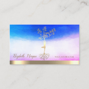 Carte De Visite Instructrice de yoga ombre arbre doré silhouette d