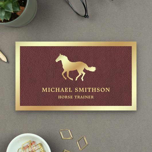 Carte De Visite Instructrice d'équitation en cuir marron avec feui