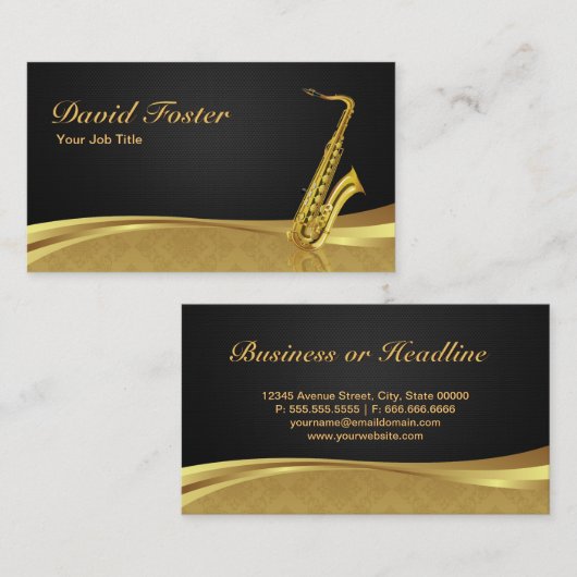Carte De Visite Instrument en laiton saxophone Elegant Gold Damask (Devant / Derrière)