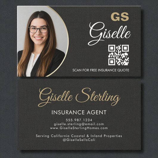 Carte De Visite Insurance Agent Linen Black Photo QR Code