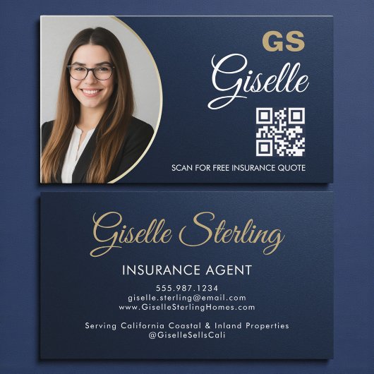 Carte De Visite Insurance Agent Navy Blue Gold Photo Metallic