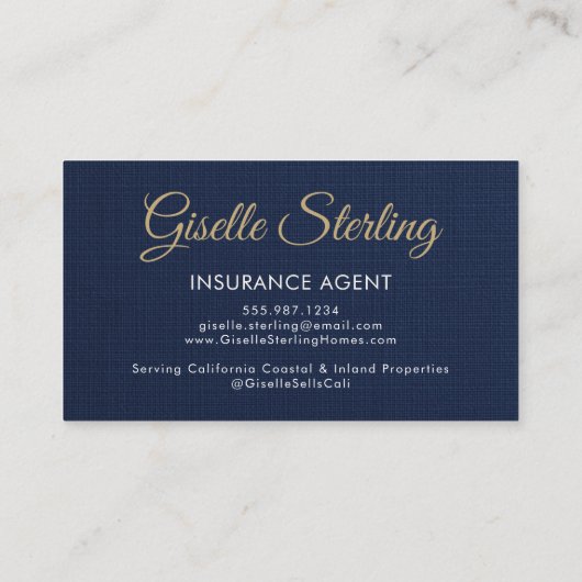 Carte De Visite Insurance Agent Navy Blue Gold Photo QR Code Linen (Dos)