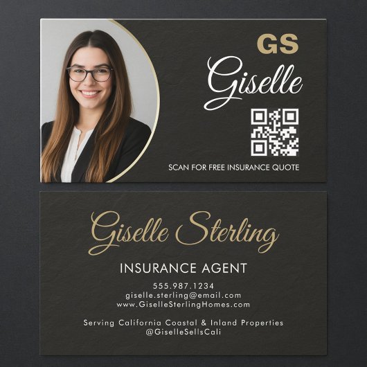 Carte De Visite Insurance Agent Slate Stone Black Photo QR Code