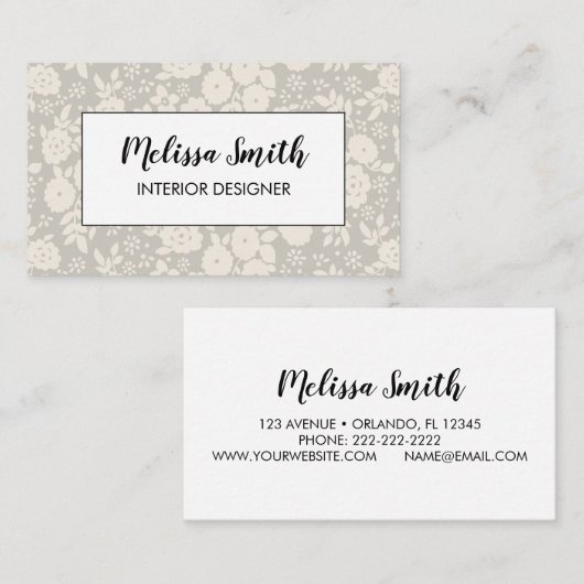 Carte De Visite Interior Design Floral Pattern Gray Business Card (Devant / Derrière)