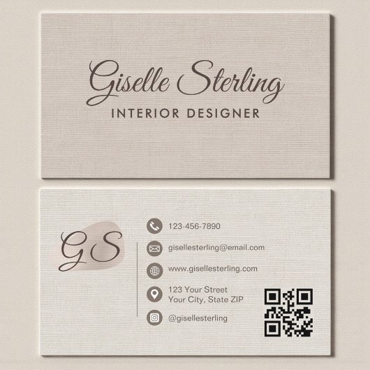 Carte De Visite Interior Designer Beige Linen Elegant QR Code