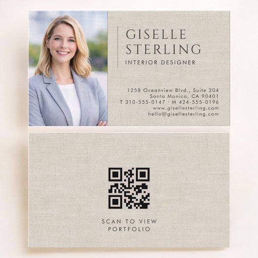 Carte De Visite Interior Designer Linen Photo QR Code