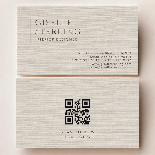 Carte De Visite Interior Designer Luxury Neutral Linen QR Code