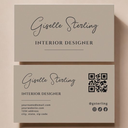 Carte De Visite Interior Designer Neutral Taupe Script QR Code