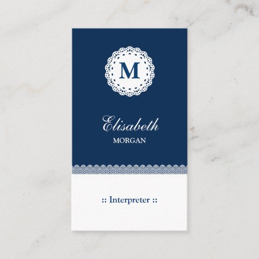 Carte De Visite Interprète bleu blanc dentelle Monogramme (Devant)